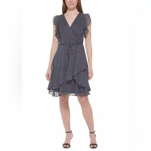 Tommy Hilfiger Navy Polka Dot Ruffle Wrap Midi Dress